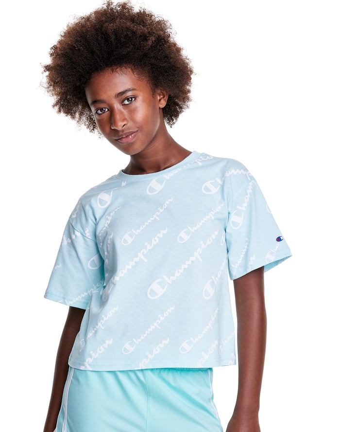 Champion Girls T-Shirt NZ - Boxy Allover Logo Light Blue ( 9376-WYZDF )